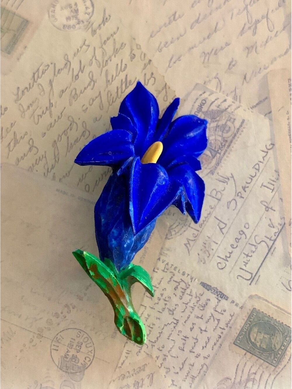 Vintage Bright Blue Flower Pin with Green Stem - Fun Floral Accessory